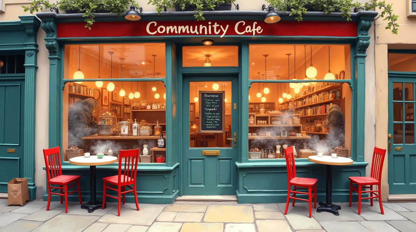 Painted picture of a cosy cafe front